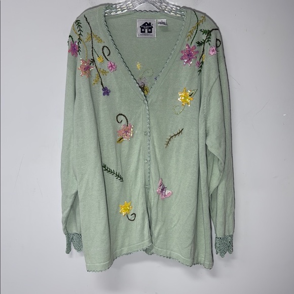 Storybook Knits Pastel Green Cardigan Floral Embroidery Sequins Plus Size 3X - Picture 1 of 12